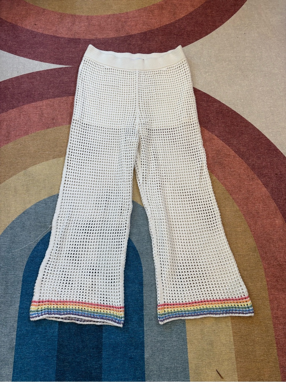 Abercrombie & Fitch White Crochet Wide-Leg Pants with Rainbow Hem